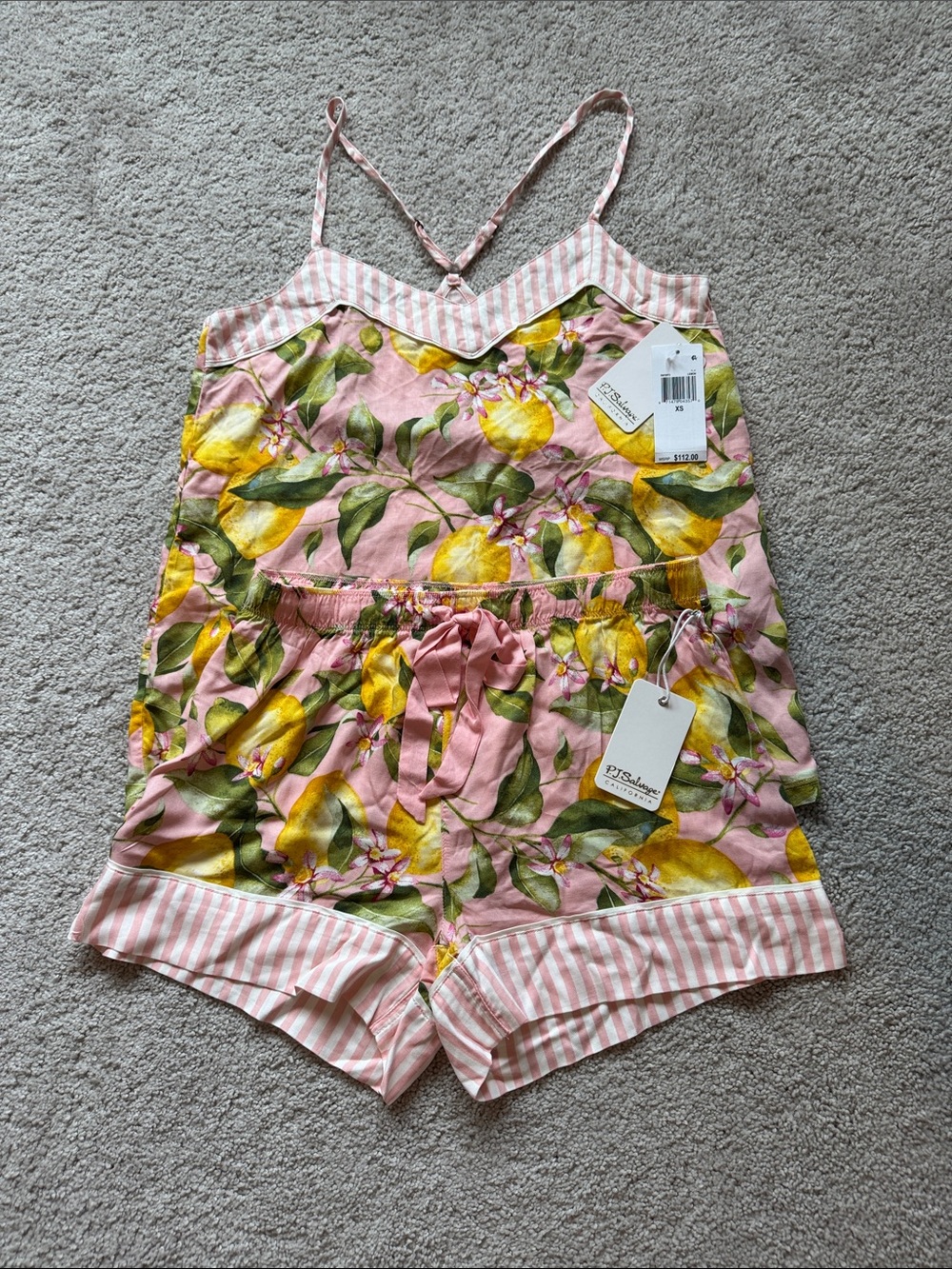 PJ Salvage Pink Stripes with Lemon Print Cotton Camisole & Shorts Sleep Set- XS - Picture 3 of 7